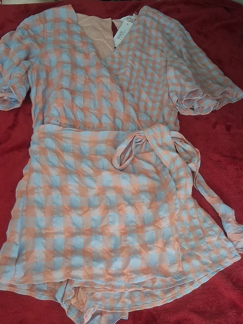 Talula Peach and Light Blue Gingham Wrap Romper